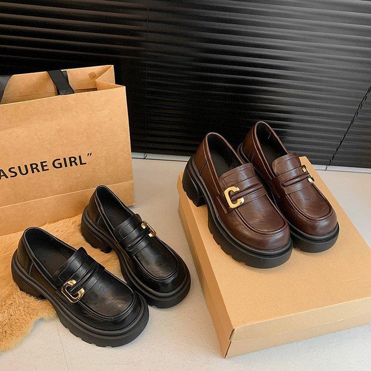 Platform loafers women's 2025 autumn and winter new retro French single shoes one-pedal women's shoes British style JK small leather shoes