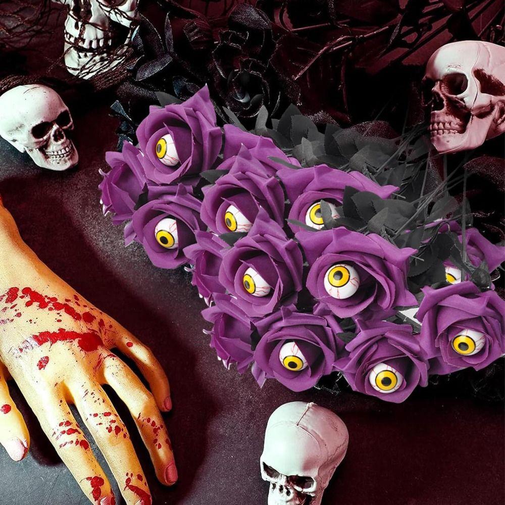 10PCS Scary Halloween Eyeball Rose Funny Artificial Rose Flower Eyeball Fake Flower  Halloween Decor