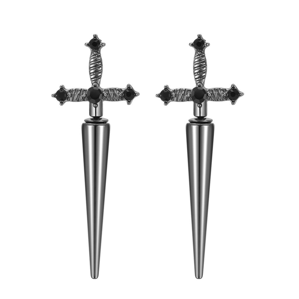 Gothic Sword Shaped Earrings for Men Boys,Metal Black Stone Cross Studs Earrings,Rock Punk Zircon Anniversary Birthday Gifts