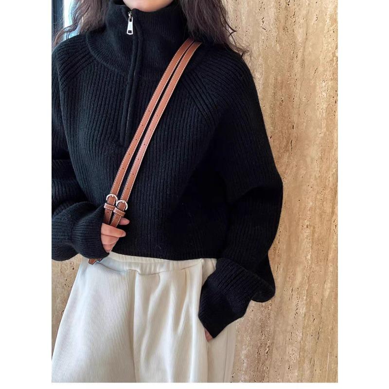 Fashion Autumn Winter Semi-turtleneck Zipper Women Knitted Sweater Long Sleeve Loose Short Tops New Solid Color Office Casual Simple Clothing