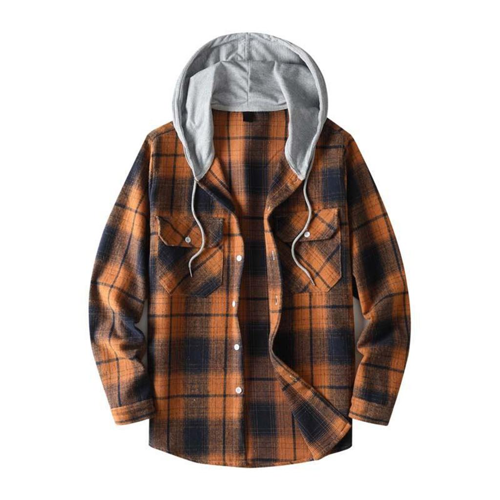 Men's Striped Plaid Casual Loose Button Lapel Long Sleeve Hooded Cardigan Shirt Jacket