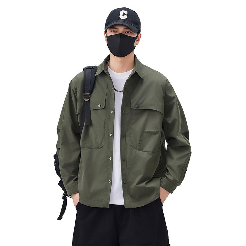 New American Olive Jacket Men'S Retro Lapel Shirt Trendy Big Pockets Loose And Comfortable Coat