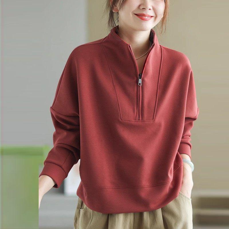 Women Casual Stand Collar Sweatshirts Half Zipper Solid Drop Sleeves Oversize Pullover Zip Up Chic Female Outer Wear Pullover