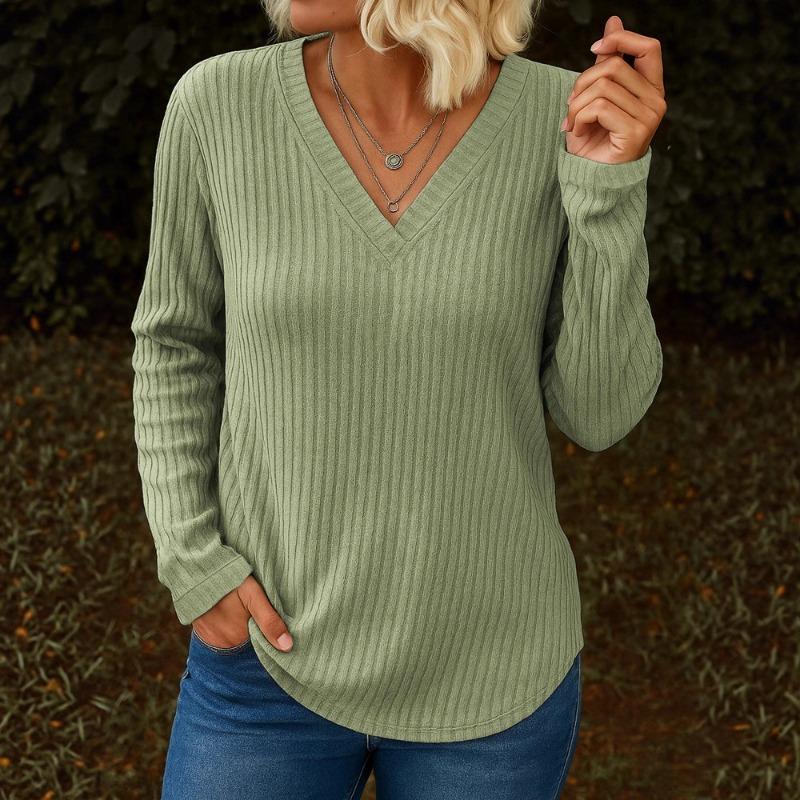 2025 New Autumn and Winter Women's Casual V-neck Long-sleeved Pullover Loose Women's T-shirt