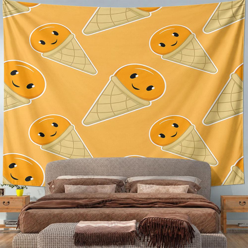 Cute Smiling Orange Ice Cream Design Pattern Wall Hanging Tapestry Decorative Tapestry Home Decor for Bedroom and Living Room
