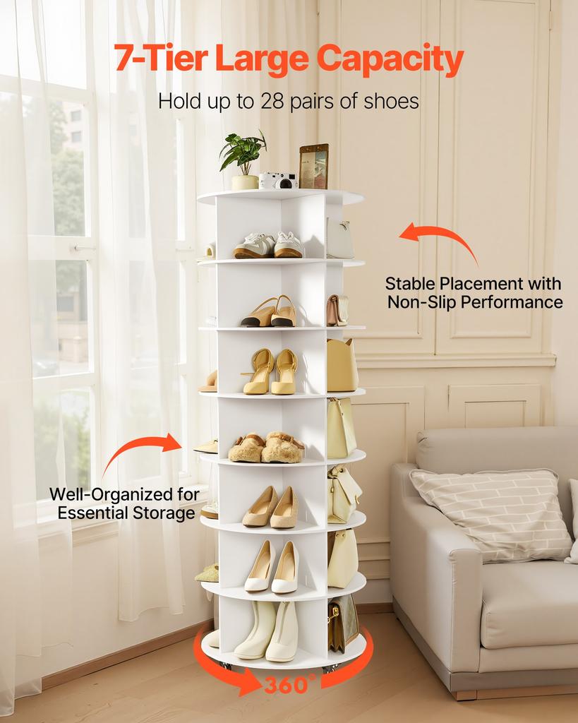 VEVOR 7 Tiers Rotating Shoe Rack Tower with Wheels, Movable 360 Degrees Spinning Carousel Display, Lazy Susan Organizer Closet Shelf for Living Room