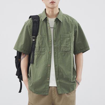 Retro Herren Kurzarmhemd, kariert, lässiges amerikanisches Arbeitshemd, Jacke