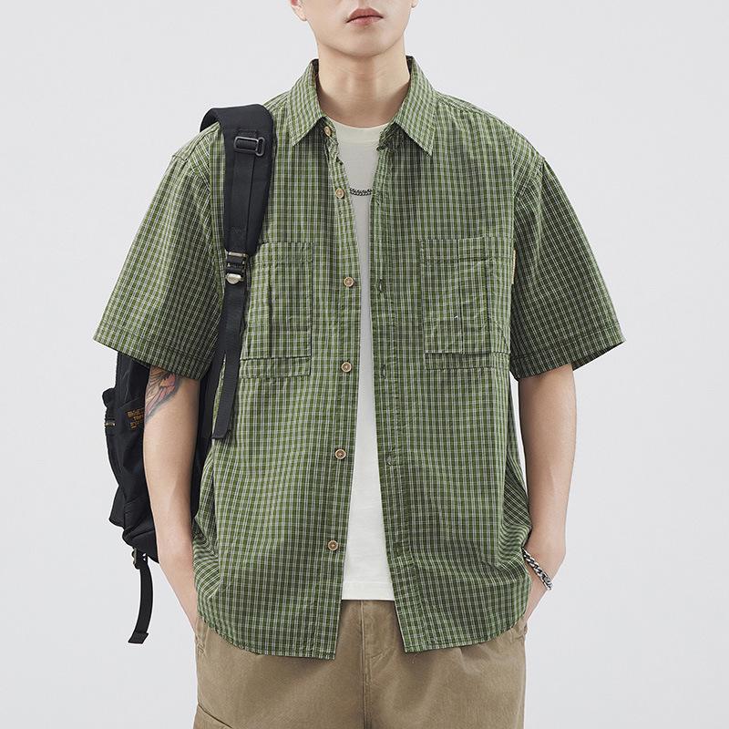 Retro Men's Short-sleeved Shirt Plaid Casual American Work Shirt Jacket