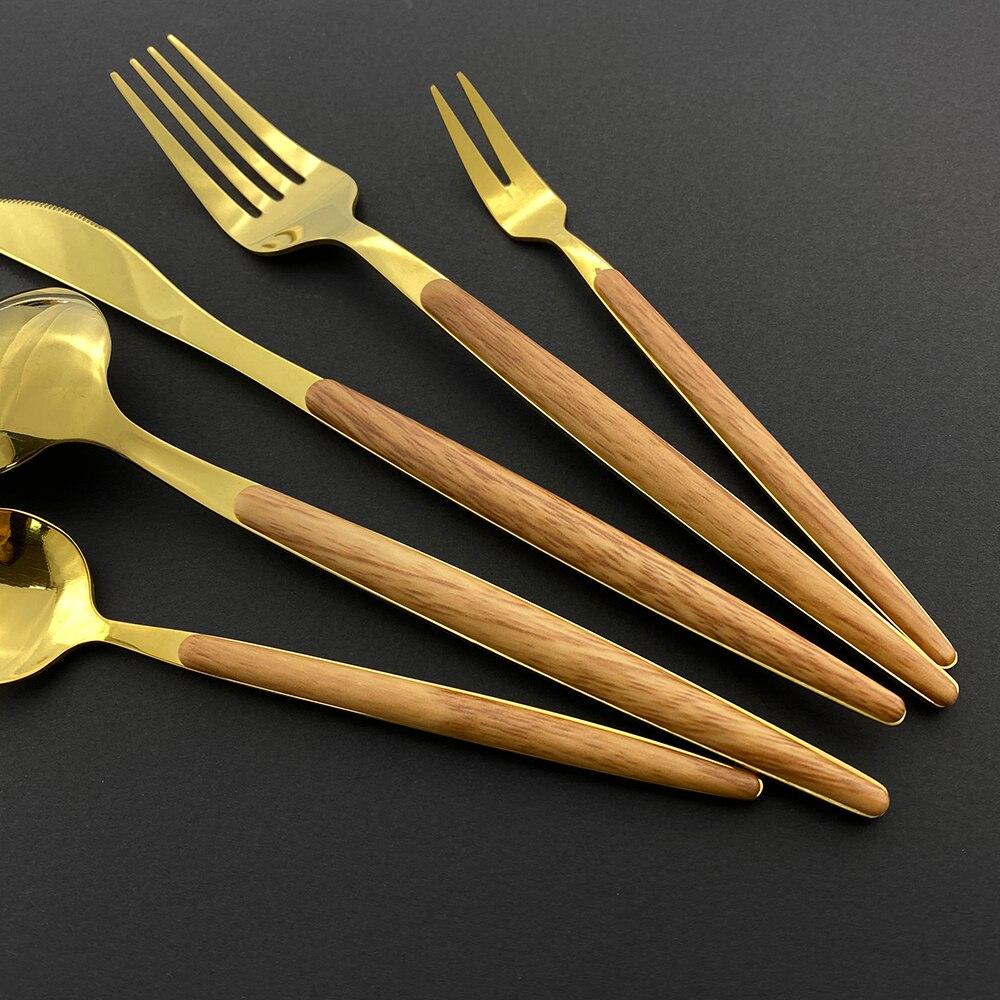 1/4/5 шт. зеркало золото нержавеющая сталь деревянная ручка набор столовой посуды набор — фото 8