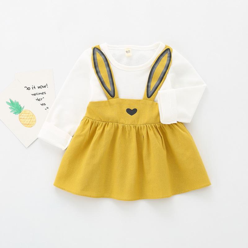Spring Girls Solid Long Sleeve Dress With Bunny Ears Fake Two Piece Princess Dress For Toddler Baby