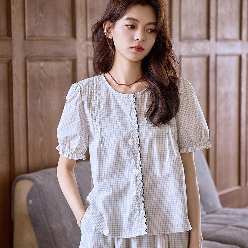Summer Literary and Artistic Small Clear Plaid Short-sleeved Shirt Women + Medium and Long Skirt Two-piece Set