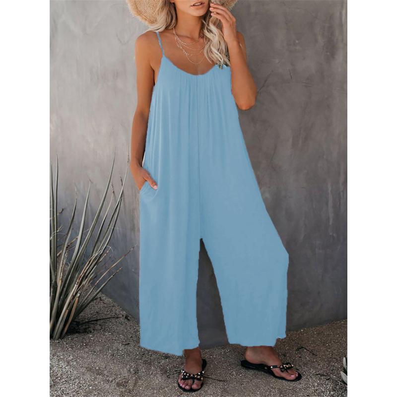 Women's V-Neck Spaghetti Strap Rompers Loose Wide Leg Long Jumpsuit With Pockets