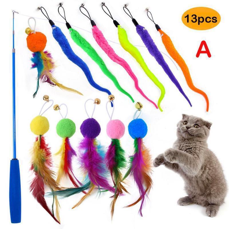 10 Styles of Cat Feather Toys,Telescopic Fishing Rod Toys for Teasing Cats,Accompanying Training, Suitable for All Kinds of Cats