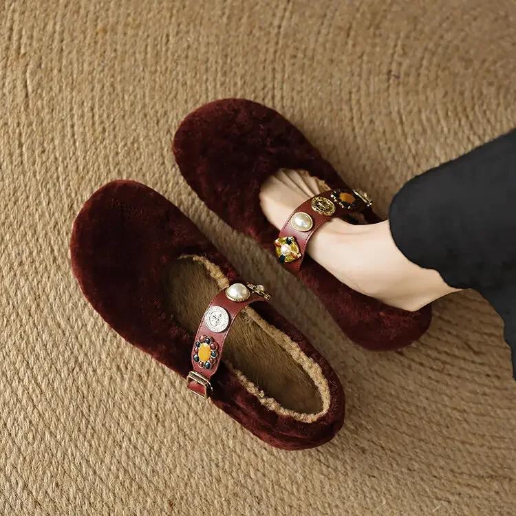 Fashion New Rivet Pearl Sheep Fur One piece Retro Suede Single Shoes Girls Cute Round Head Mary Jane Suede Warm Women's Shoes Size 40
