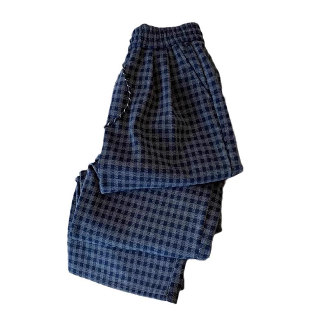 Women's Navy Blue Plaid Fleece Pants - Autumn/Winter Petite Retro Drawstring, Casual Floor-Length Lazy Style.