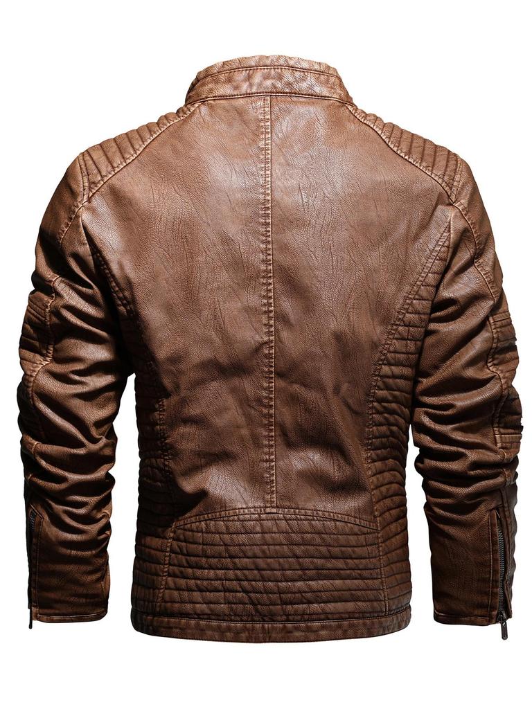 Jachetă de motociclist pentru bărbați, de iarnă, din piele PU, cu guler înalt, croială slim fit - Stil European & American
