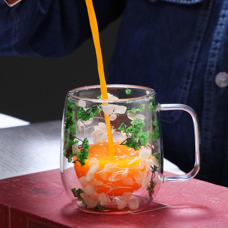 Flower Tea Cup Glass Mug Cup With Dried Flower Design For Coffee Beverage Glasses Tea Mug Espresso Cups For Cappuccino Milk