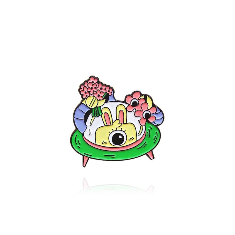 Little Rabbit s Space Adventure: Enamel Brooch with Robot and Alien Flowers