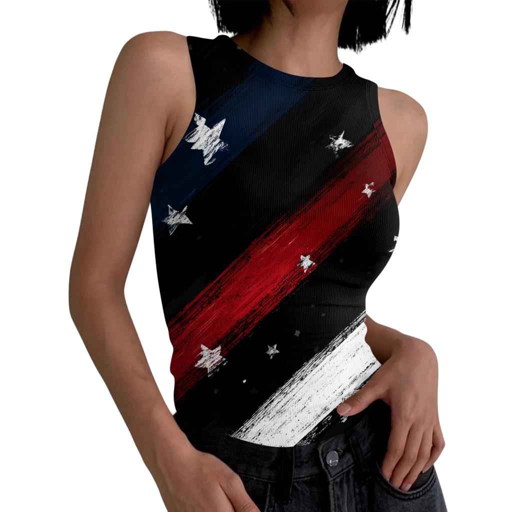 Women's Summer Fashionable Casual Independence Day Printed Round Neck Sleeveless Top Fitted Vest