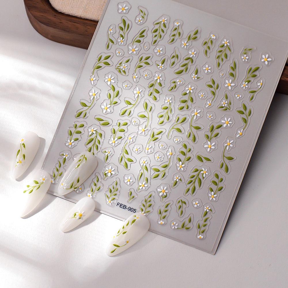 

Минималистичный дизайн листьев 5D водостойкие наклейки для ногтей - самоклеящиеся глянцевые наклейки для нейл-арта с цветочным узором зеленые листья и белые цветы, декор для ногтей