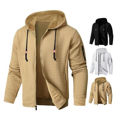 Men Sweatshirt Coat Hooded Drawstring Long Sleeve Waffle Texture Sport Jacket with Pockets Solid Color Casual Loose Outerwear
