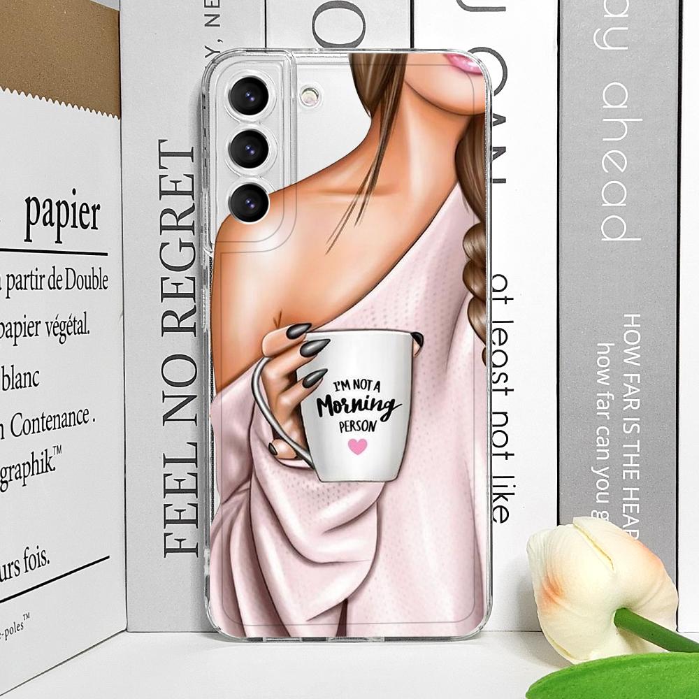Fashion Girl Women Coffee Miss Transparent Phone Case for Samsung Galaxy S25 S24 S23 S22 S21 S20Plus Ultra FE A55 A54 Soft Cover