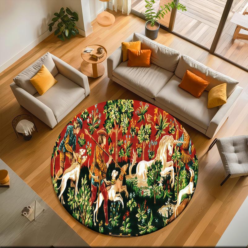 1pc Medieval Unicorn Hunting Round carpet Painted Printed circular carpet, home door mat, outdoor travel protection carpet