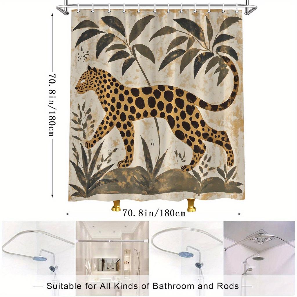 1pc Minimalist Leopard Shower Curtain with Tribal Patterns – Textured Beige Background,  Shower Curtains for Bathroom