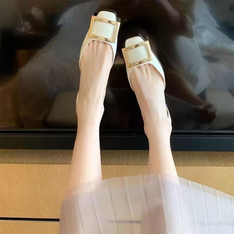 New Women Sandals Metal Square Buckle Leather Thick Heel Square Toe Sandal Spring Casual Low Heel Back Strap Fashion Sandals