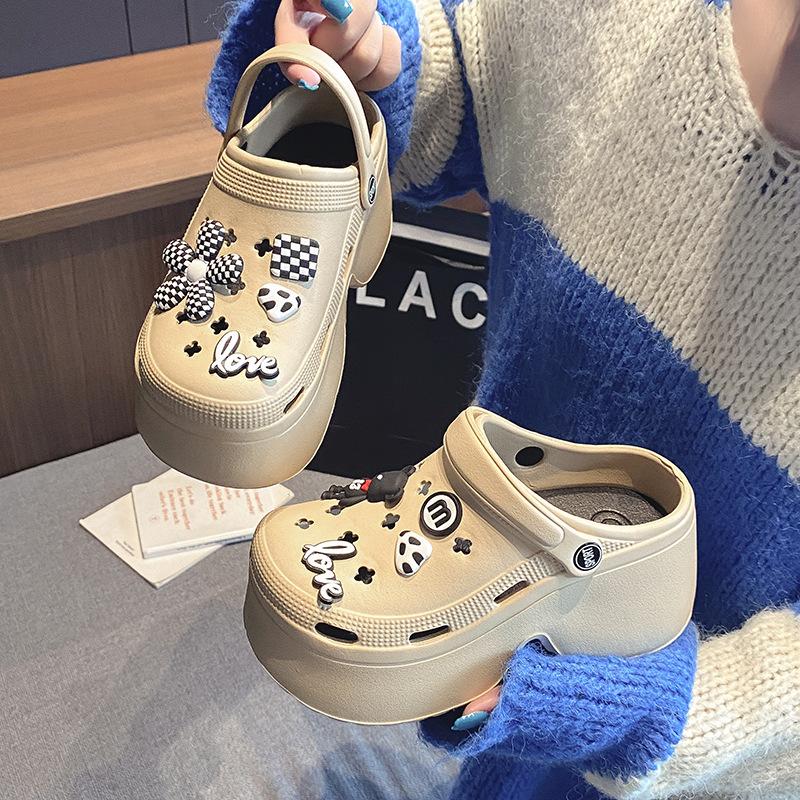 New hole shoes women's summer high heels wear thick soles non-slip beach bag head drag sandals women