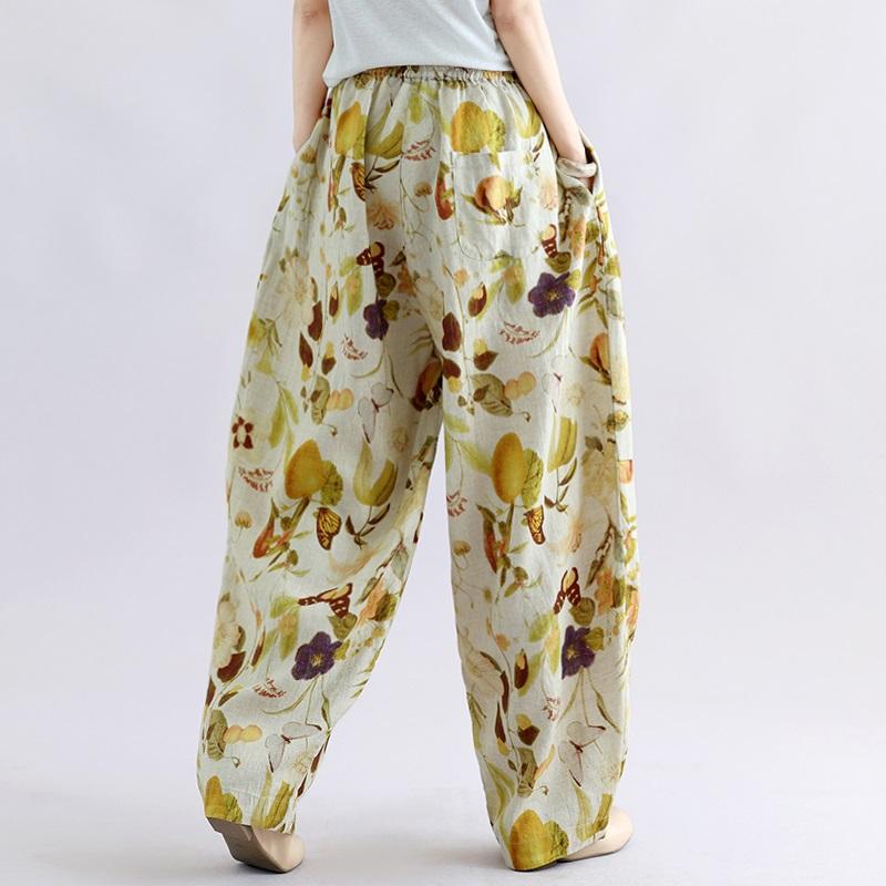 Plus Size Cotton Vintage Floral High Waist Casual Loose Long Spring Summer Autumn Harem Pants Women Trousers
