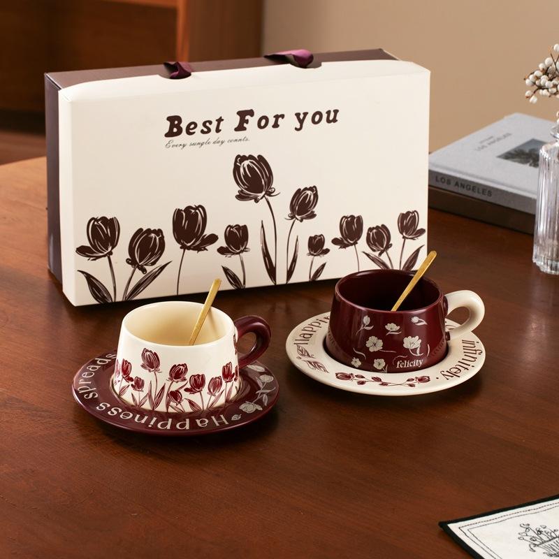 Flower Cup and Saucer Set To Cup Gift Box Light Luxury Coffee Cup Couple Ceramic Mug with Lid Spoon Souvenir Gift