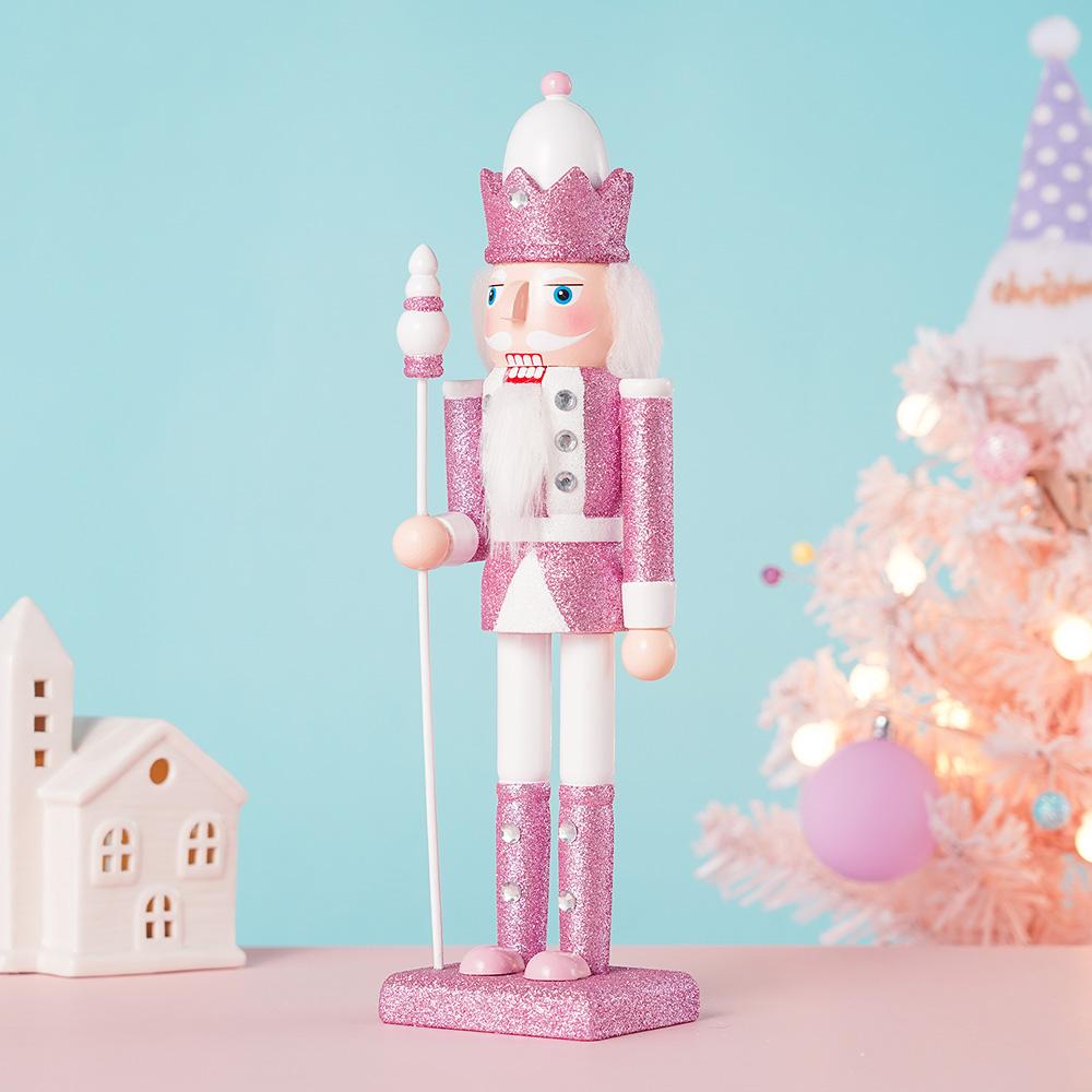 30CM Wooden Nutcracker Solider Figurine Puppet Pink Glitter Soldier Doll Toy Handcraft Ornament Christmas Home Office Decoration