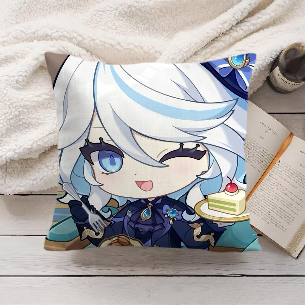 Furina Cute Genshin Impact Cushion Cover Silky Short Plush Invisible Zipper Dustproof Sofa Pillow Case For Home Decor