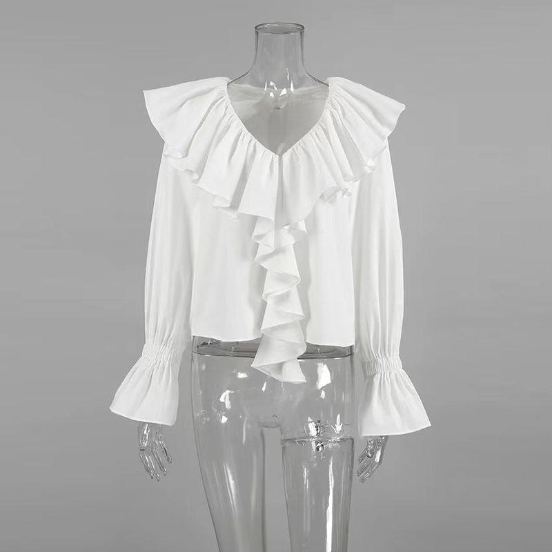 

Western Style Frill Sexy V-neck Drop Shoulder Sleeve Temperament Casual Shirts Lotus Leaf V-neck Shirt White L