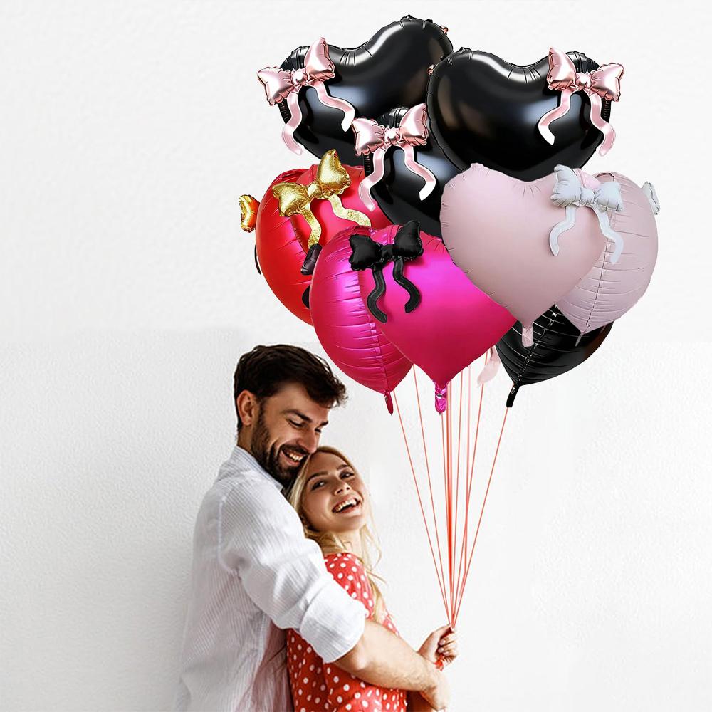 22inch Pink Red Black Heart Shaped Foil Balloons with Bow Valentines Day Wedding Party Decorations Birthday Baby Shower Balloons