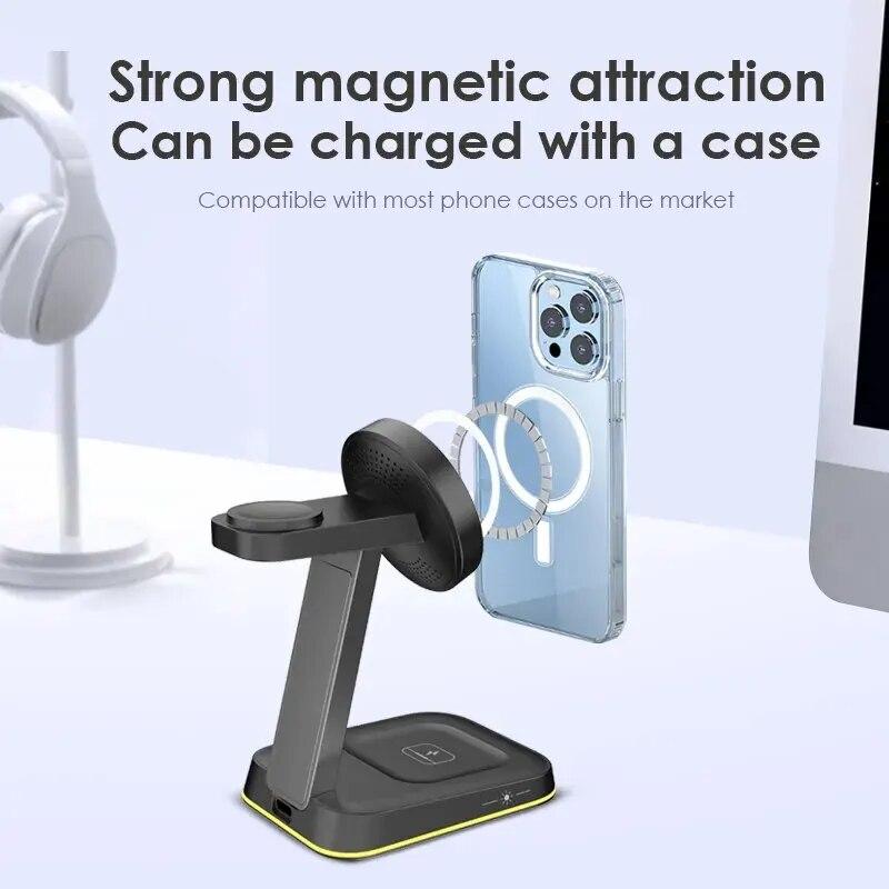 3 In 1 Wireless Charger Stand Pad LED Light 15W Fast Charging Station Dock for Macsafe iPhone 15 14 13 12 Pro Max IWatch 9 8 7 6