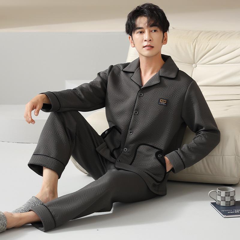 Pajamas Men'S Spring And Autumn Thickened Pure Cotton Interlayer Air Cotton Homewear Men'S Autumn And Winter Interlayer Middle-Aged Dad Suit