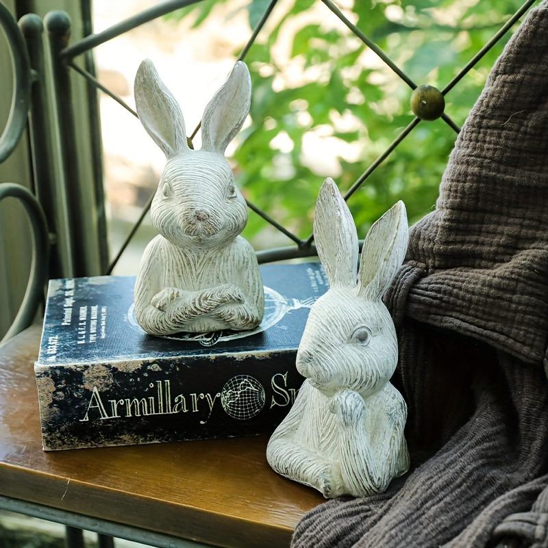 2pcs Rustic Wood Grain Finish Bust Rabbit Resin Statues, Farmhouse Decorative Animal Sculptures For Garden And Balcony
