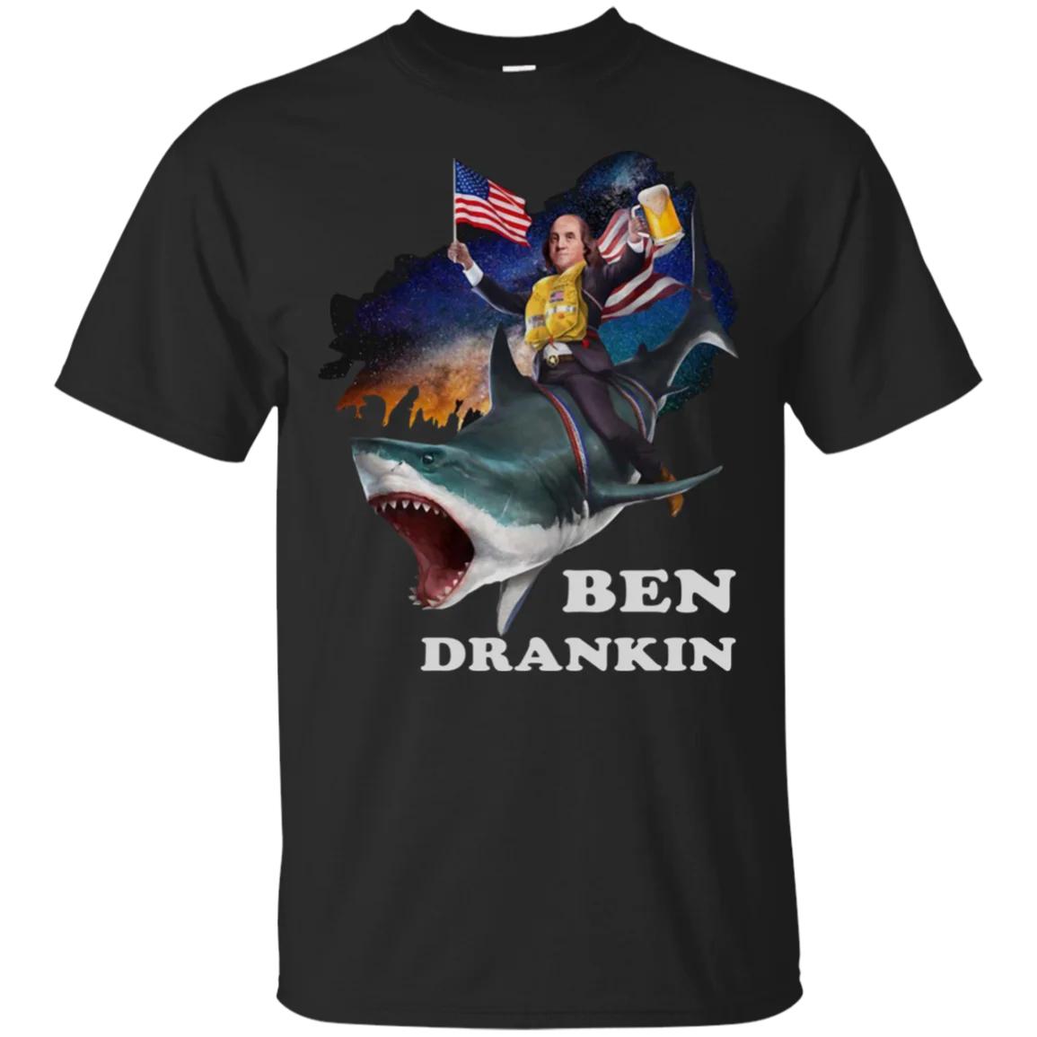 

4th of July Beer Drinking American Flag Shark Ben Drankin TShirt 100 Cotton ONeck Short Sleeve Casual Mens Tshirt Size S3XL S