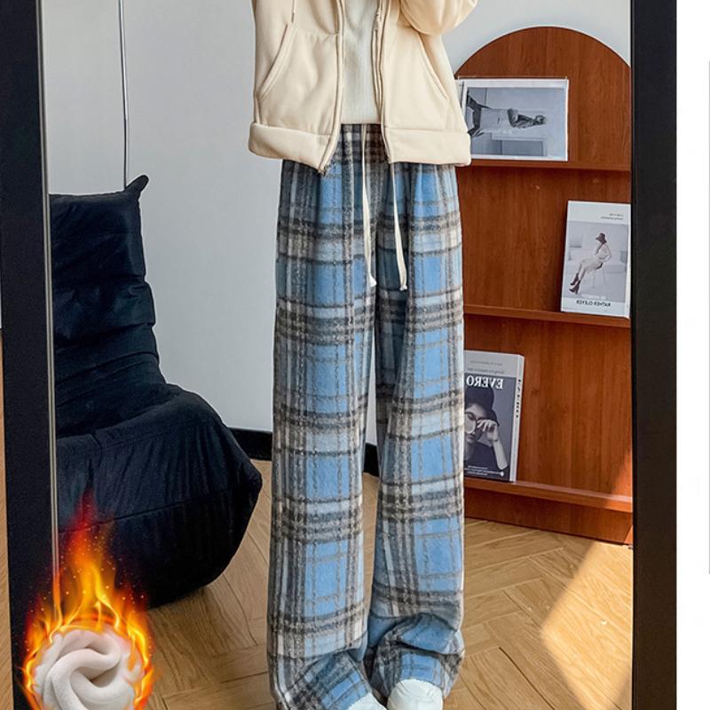 Woolen Floor Pants for Women's Autumn and Winter New Arrival Style Plush Pants for For Women Thick Straight Pants Casual Plaid Wide-leg Pants