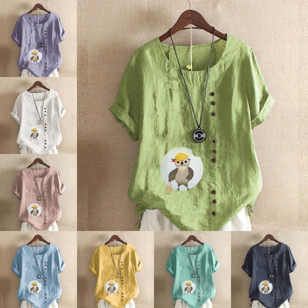 Women's Fashion Owl Prined Short Sleeve T-shirt Loose Cotton Shirt Casual Loose Summer Blouse Tops Plus Size
