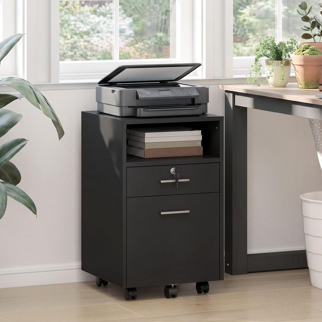 Office Cabinet Mobile Pedestal, 2 Drawers, One Drawer Lockable, 5 Casters, Black, 40 x 40 x 65 cm