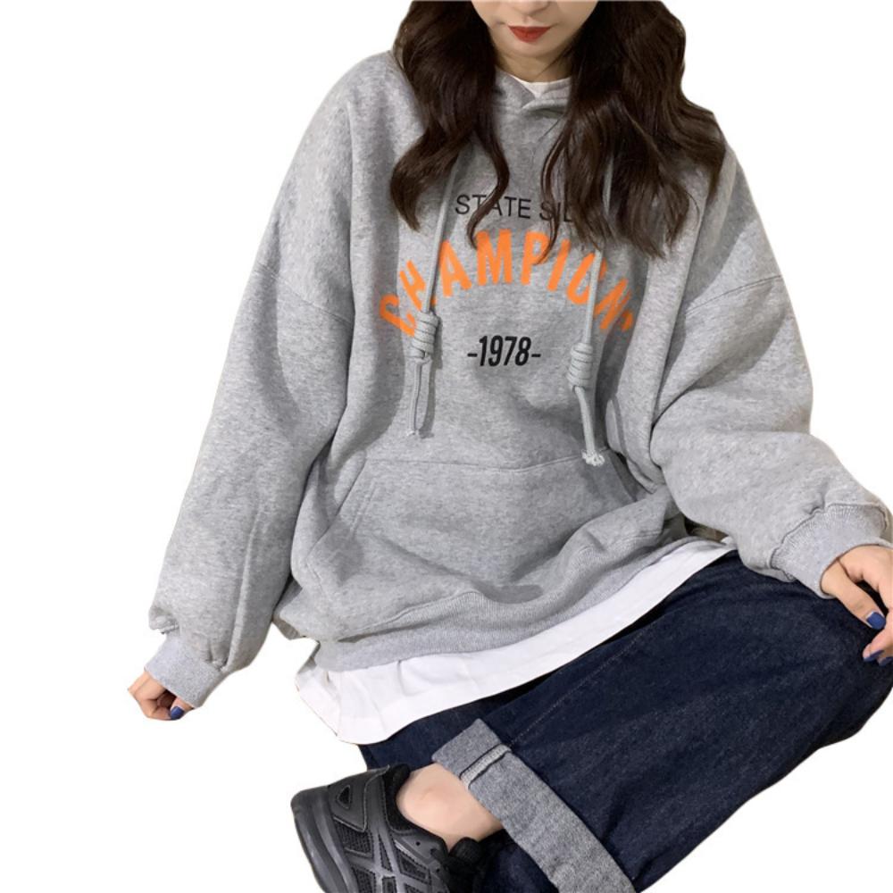 Women Letter Printed Hooded Sweatshirt Autumn Student Long Sleeve Loose Plush Pullover Hoodies Top