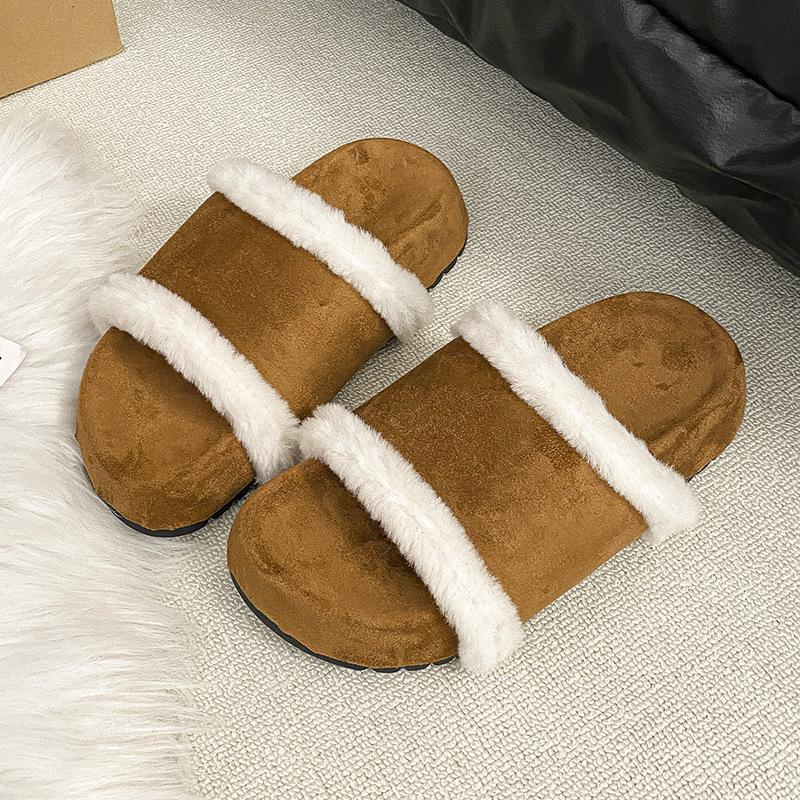 Internet Celebrity Platform Fluffy Cotton Towed Slippers Women's Shoes Wear 2025 New Autumn and Winter Brown Fluffy Shoes