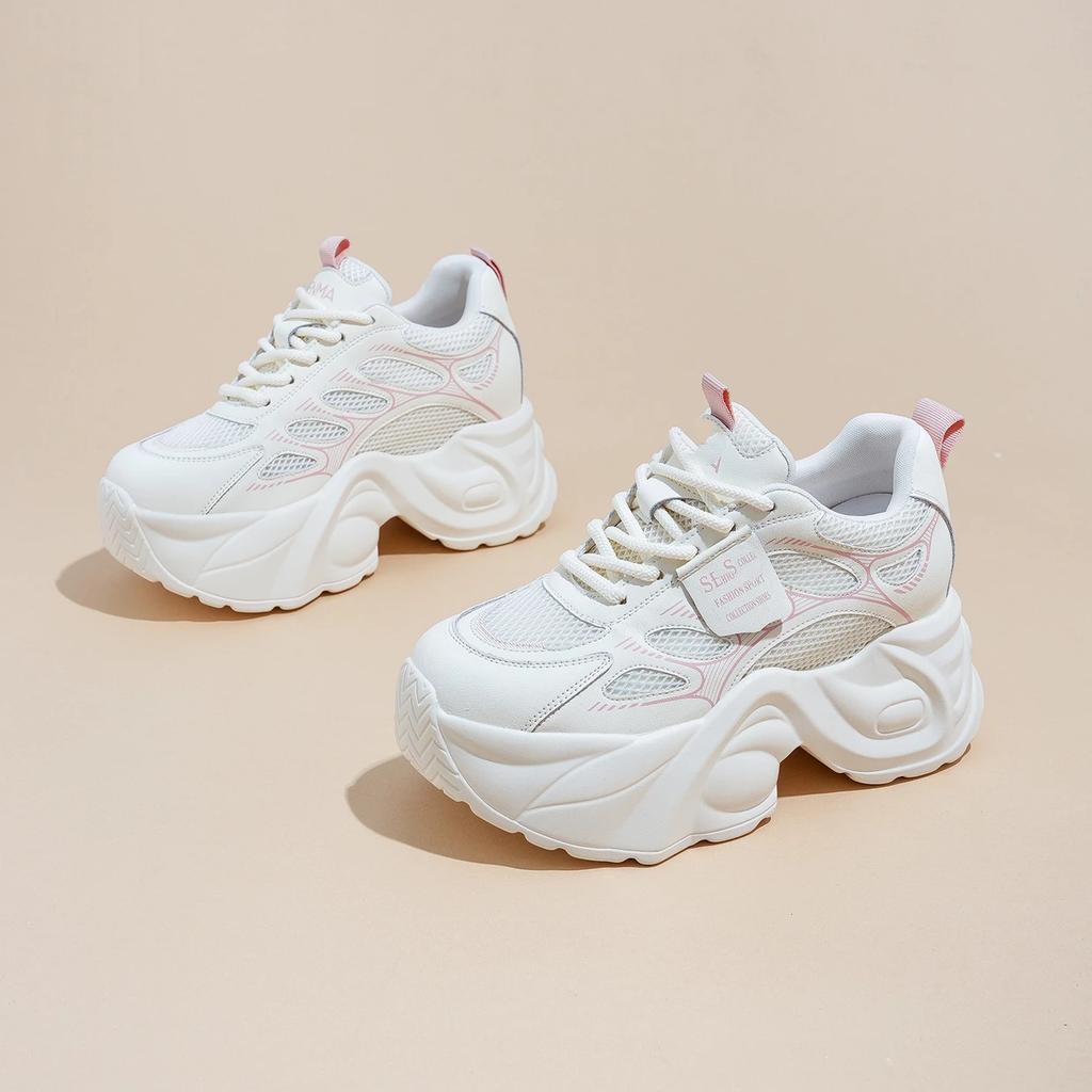 Ins Korean Version of Dad Shoes Women's 2025 Spring and Autumn Low-top Muffin Casual Sports Shoes Lace-up Platform White Shoes