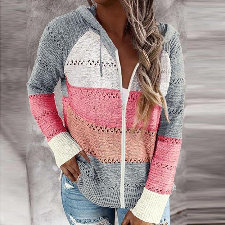 Color Block Hoodie Sweatshirt Cardigan Women Long Sleeve Zip Up Sweater