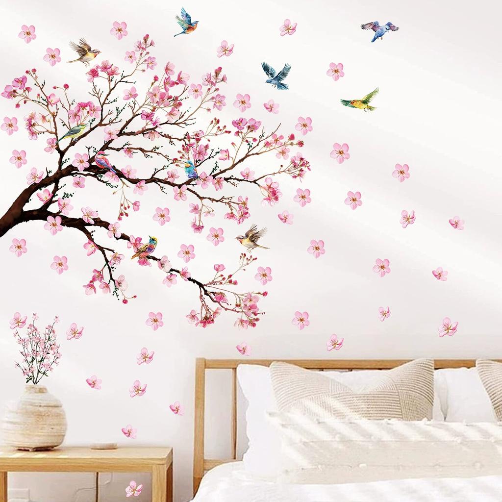 Colorful Flower Pendant Lamp Bird Wall Sticker For Bedroom Living Room Entrance Home Background Decoration Self-adhesive 29*22CM