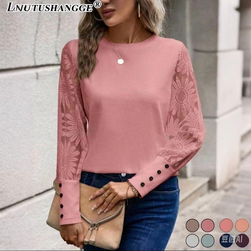 Women's Long Sleeve Top with Sunflower Lace Sleeve Detail
