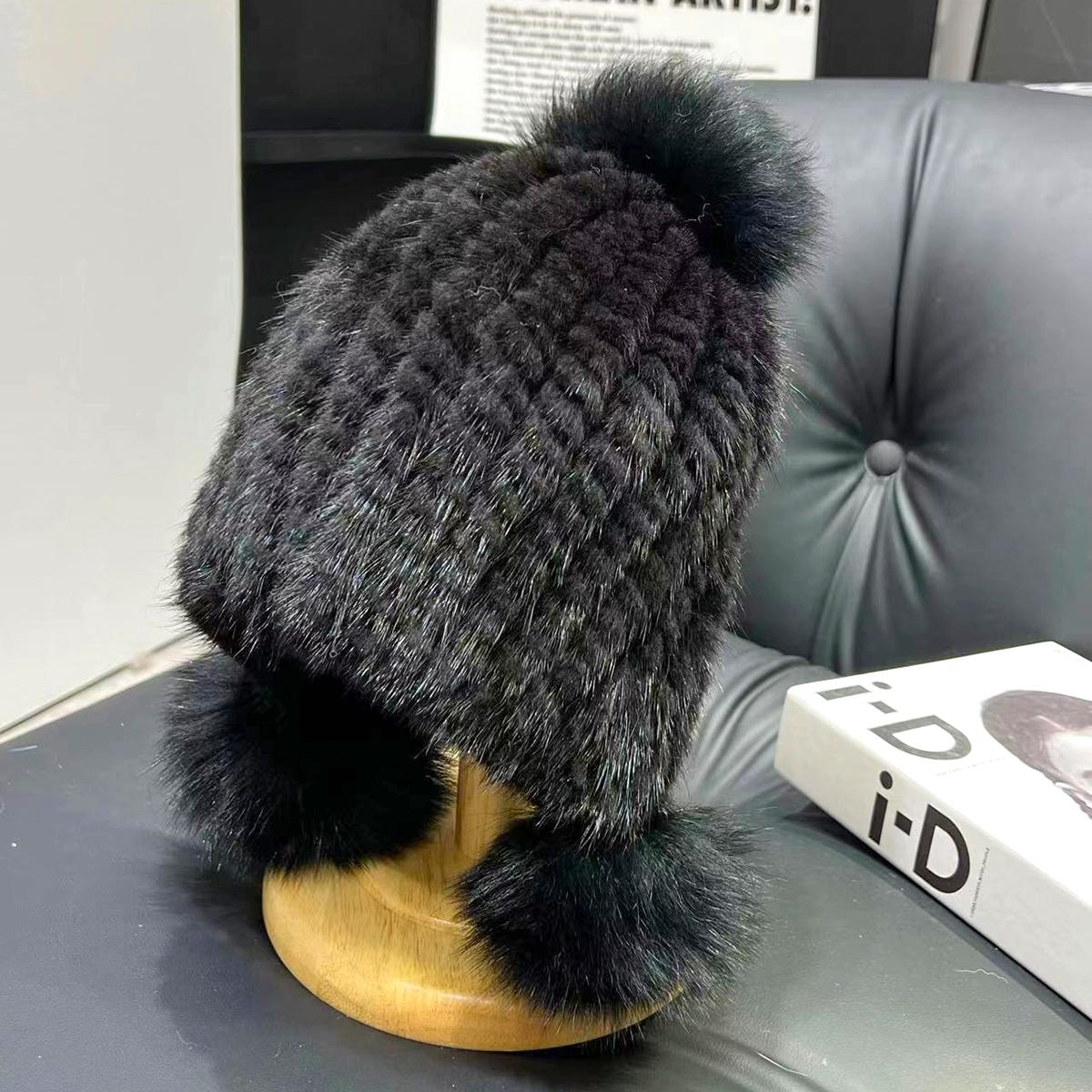 

Mink Hair Women Hat Winter Thickened Warm Ear Protection Mink Woven Hat Fur Fox Ball Hat One size [1-12 years old can wear]